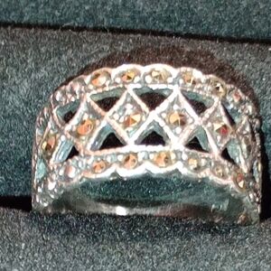 Vintage Sterling Silver Ring Open Weave Band Ring With Marcasites